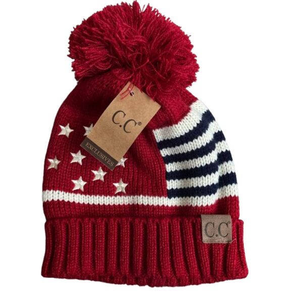 C.C Exclusives Red Flag Pom Pom Beanie Cap #D - Picture 1 of 4